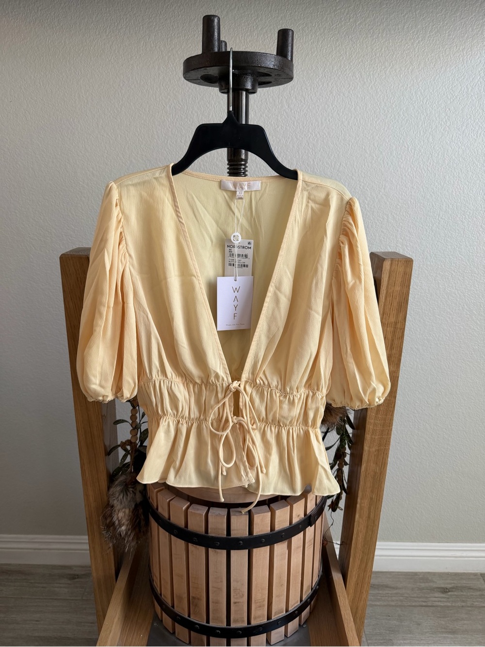 WAYF Yellow Tie-Front Peplum Blouse